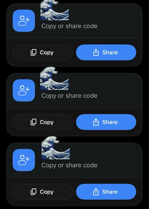 Mobile screenshot showing three Google Contacts 'Copy or share code' share dialogs with Great Wave off Kanagawa artwork images.