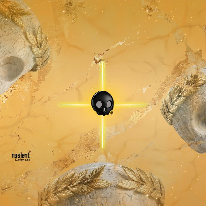 A promotional graphic for "naslent" ("Coming soon") featuring a black skull with a yellow glowing cross against a golden marble background with laurel wreaths.