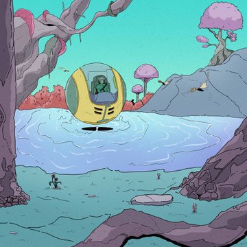 A colorful digital illustration of an alien character in a yellow spacecraft hovering over a body of water in an alien landscape with pink trees.