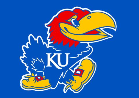 The University of Kansas Jayhawks logo, depicting the Jayhawk bird mascot wearing red and yellow boots and a scarf, with 'KU' displayed on its chest against a blue background.