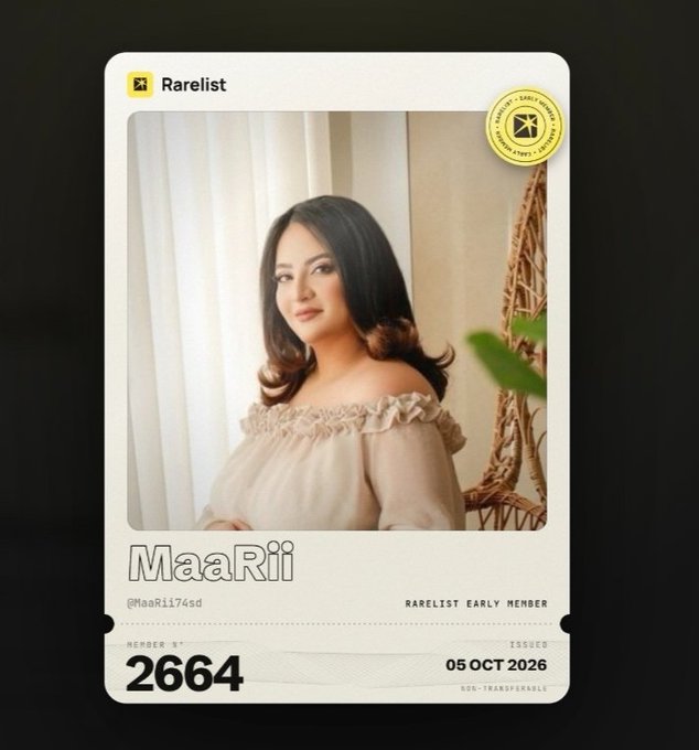 A Rarelis membership card (#2664) for 'MaaRii' (@MaaRii74sd), issued 05 OCT 2026, featuring a portrait of a woman with long dark hair wearing a beige off-shoulder top.