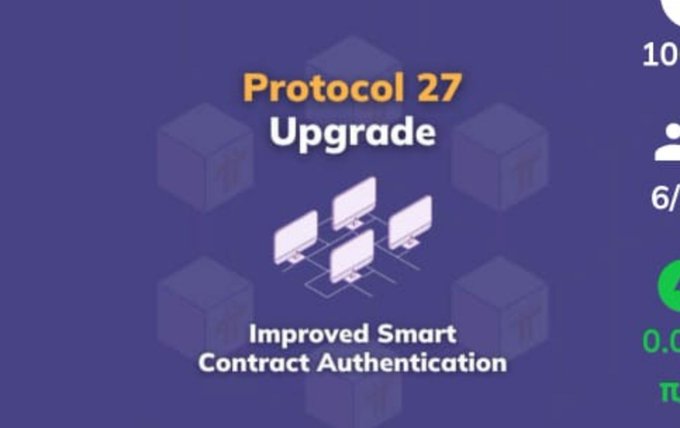 The image displays a "Protocol 27 Upgrade" announcement with the tagline "Improved Smart Contract Authentication," featuring illustrated network nodes. It relates to the post by promoting Pi Network's upcoming Protocol V27 upgrade, which the post claims is officially targeted for September 15, 2026, marking progress toward the Grand Open Mainnet.