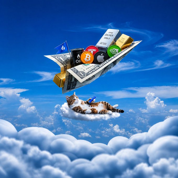 A relaxed cat lounges on a cloud holding a phone beneath a paper airplane overflowing with gold/silver bars, oil barrels, and branded tokens (Bitcoin, Apple, Binance, etc.), while "FINE SILVER 999.0" and "FINE GOLD 999.9" bars ride the wings—fitting the "Bags airborne" post as a playful vision of one's portfolio literally taking flight.