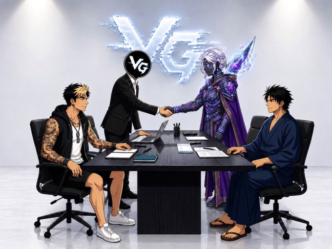 An anime-style illustration showing two men shaking hands across a conference table under a 'VG' logo, with two other characters seated on either side.