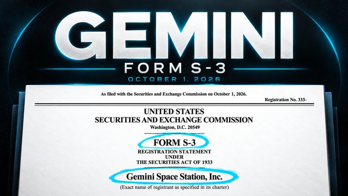 A graphic displaying 'GEMINI FORM S-3 OCTOBER 1, 2026,' showing a mock SEC document for 'Gemini Space Station, Inc.' with the registrant name circled in blue.