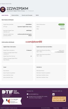 The image displays the DTIF (Digital Token Identifier Foundation) registry page showing Pi Network's official registration under ticker "ZZZWZP5KM," confirming its inclusion in ISO 24165 with the legal name "Pi Network, Pi Core Team" listed in the "Restricted" tier, alongside Pi's various cryptocurrency identifiers including digital token, digital asset, and digital currency designations.
