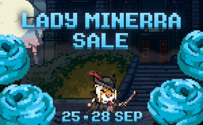 A pixel art promotional graphic reading 'LADY MINERRA SALE' with dates '25 - 28 SEP', featuring a cartoon fox-like character in armor holding a sword, surrounded by blue spiral shell designs on a dark architectural background.