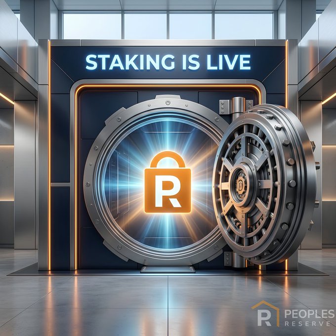 A massive high-security vault door stands open, displaying an orange "R" lock icon and the headline "STAKING IS LIVE," symbolizing the launch of the Peoples Reserve staking program. The image reinforces the post's message by visually framing staking as unlocking a fixed, non-inflationary treasury reserve rather than a source of token dilution.