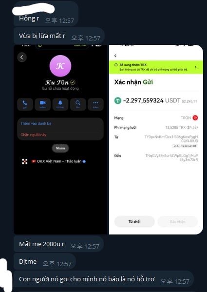 A Vietnamese-language Telegram chat screenshot displaying a suspicious crypto transaction warning for sending 2,297.55 USDT ($2,296.11) on the TRON network.