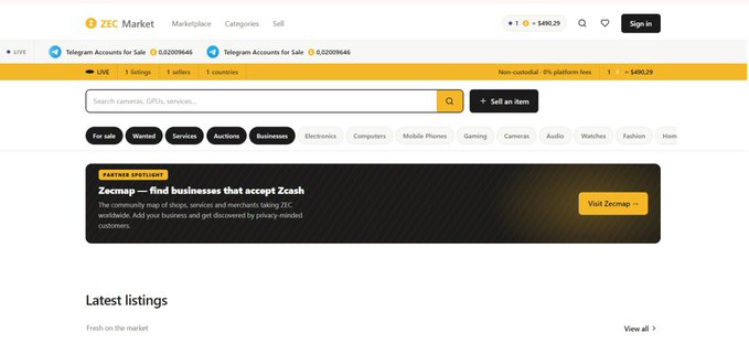 A screenshot of ZEC Market's homepage displaying a marketplace for Telegram accounts and various listings, with navigation categories like 'For sale,' 'Wanted,' and 'Services,' plus a featured banner about Zcash-accepting businesses.