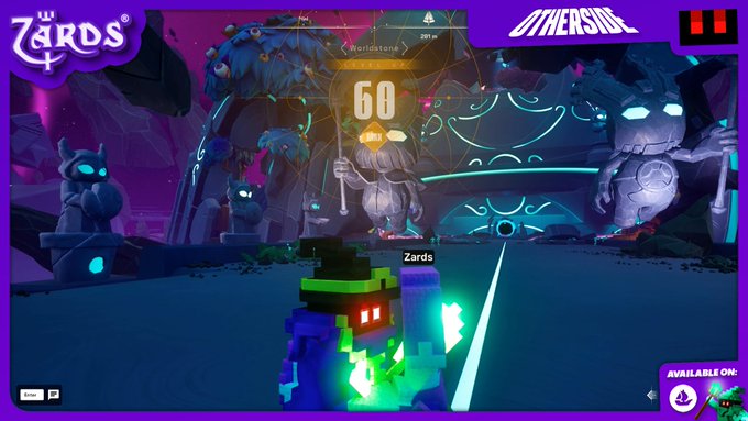 Screenshot of a 3D voxel-style video game called 'Zards' featuring a blocky character with glowing eyes facing a large stone golem in a mystical purple arena, with the score '60' displayed and 'OTHERSIDE' branding in the top right.