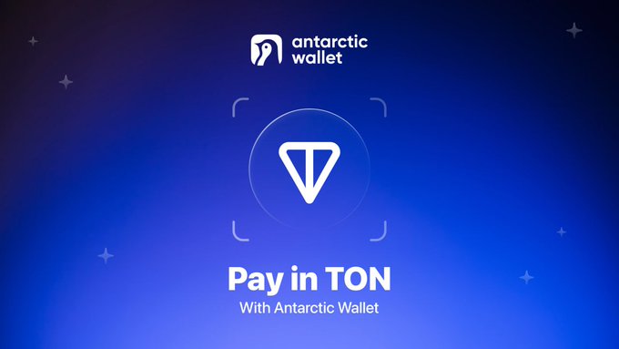The image features an advertisement for a cryptocurrency wallet service called "Antarctic Wallet" that allows users to pay with Bitcoin Cash using their credit card or TON. The text on the image reads, "What if paying with crypto was as easy as scanning a QR code? No bank cards. No payment headaches. No jumping between multiple platforms. That'S the experience @AntarcticWallet is building. Using USDT or TON, you can make purchases directly through a simple QR payment flow". The image also includes a logo for the wallet service and a starburst pattern in the background.