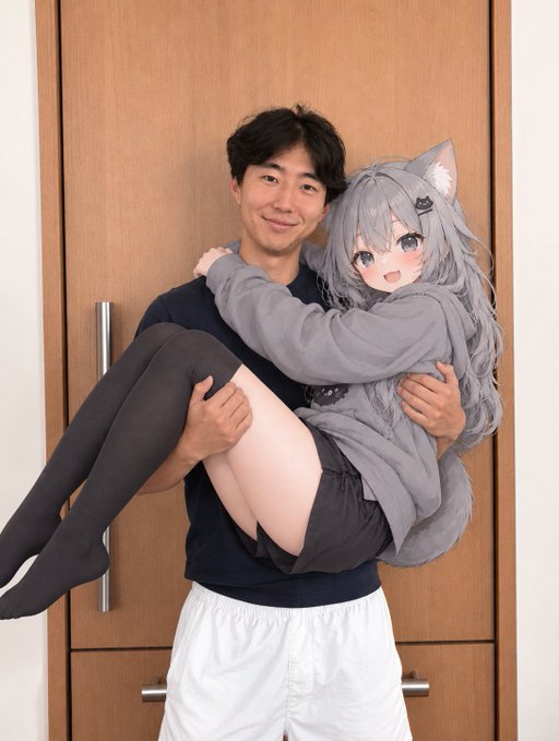 A smiling young man with dark hair is holding a life-size body pillow of the anime character Shishiro Botan in his arms.