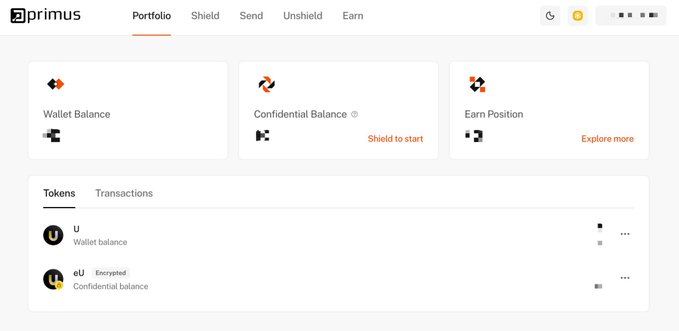 A screenshot of the Primus Portfolio dashboard showing a Wallet Balance of U and an encrypted eU Confidential Balance of 0, with a "Shield to start" prompt—illustrating the platform's privacy feature for holding yield-bearing stablecoin funds before swapping or bridging them to a more secure position.