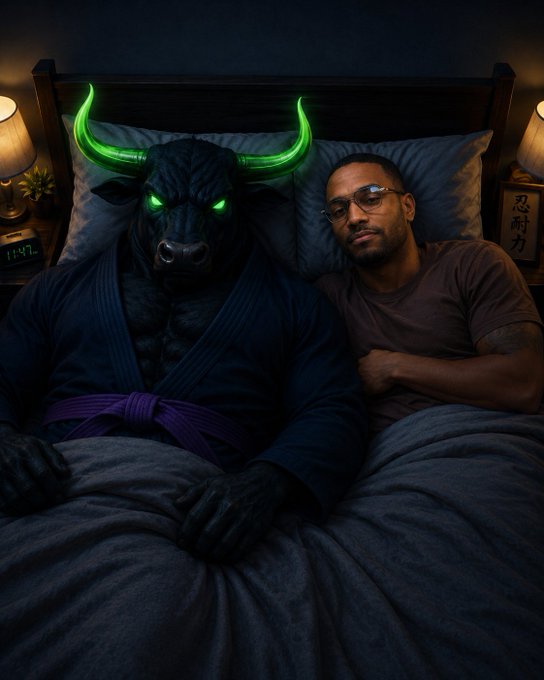A stylized digital artwork of a man with glasses sleeping in bed next to a muscular black minotaur with glowing green horns and eyes.