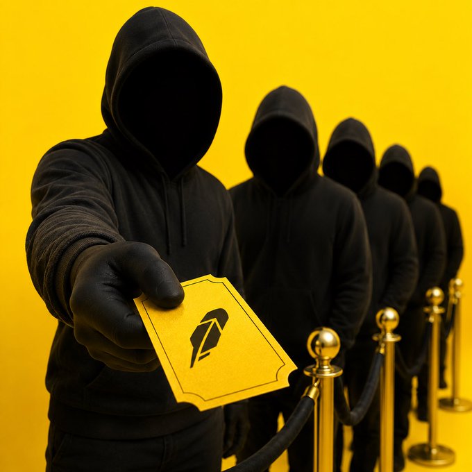 An illustration of hooded figures in black against a yellow background, with the front figure handing out a golden ticket, lined up behind gold stanchions.