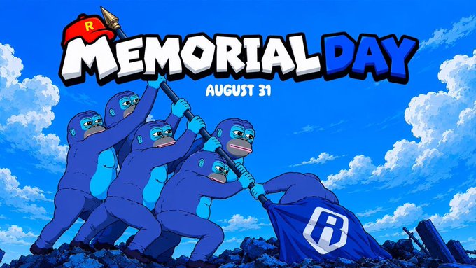A digital illustration with 'MEMORIAL DAY AUGUST 31' text, depicting four blue monkeys raising a flag with an 'R' logo in an anime-style landscape.
