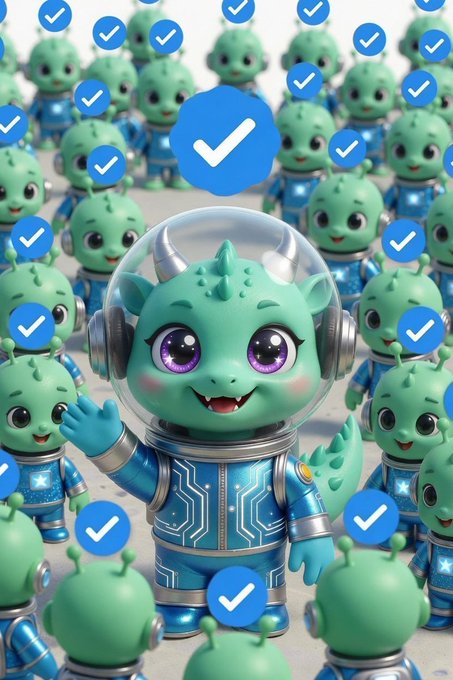 A playful AI-style illustration of a green alien astronaut in a blue suit surrounded by similar aliens and blue check-mark icons.