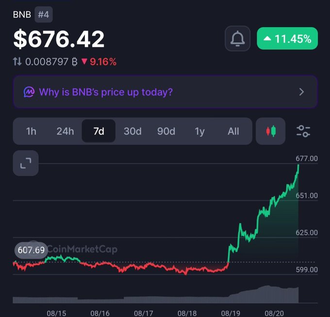 A CoinMarketCap chart shows BNB (#4) at $676.42 with an 11.45% gain over 7 days, having surged from around $599-607 to nearly $677 between 08/15 and 08/20. The post "Wen 4 digits?" refers to BNB's strong upward momentum on the chart, suggesting speculation about when the token could reach a $1,000 price point.