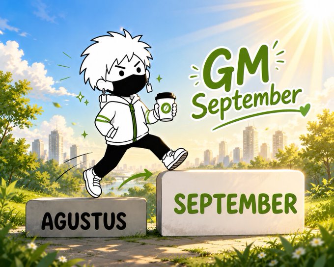 A cartoon illustration featuring a white-haired character in a face mask jumping from a block labeled 'AGUSTUS' to one labeled 'SEPTEMBER', with the text 'GM September' floating beside them.