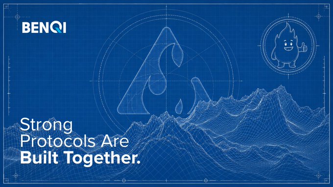 A blue blueprint-style graphic displays the BENQI logo and text reading 'Strong Protocols Are Built Together.' alongside a cartoon flame mascot giving a thumbs up.