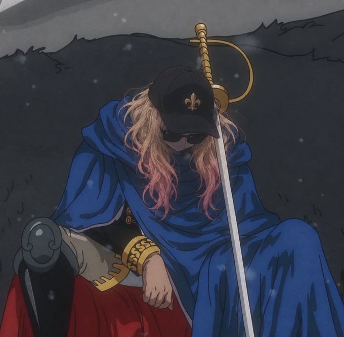 An anime-style illustration of a character wearing a blue cloak and black cap with a fleur-de-lis emblem, holding a sword, set against a snowy mountainous background.