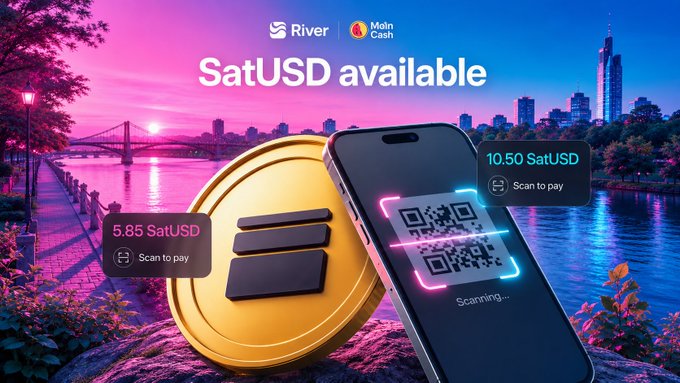 The image features an advertisement for SatUSD, which is now available for use with the platform called Melon Cash. The text on the image reads "HOT NEWS: #satUSD IS NOW OFFICIALLY AVAILABLE ON MELON CASHOfficial announcement from @RiverdotInc: From now on, the community can transfer and pay with SatUSD super easily anywhere Melon Cash is accepted!". This advertisement highlights that users can now use SatUSD to make payments through the platform.