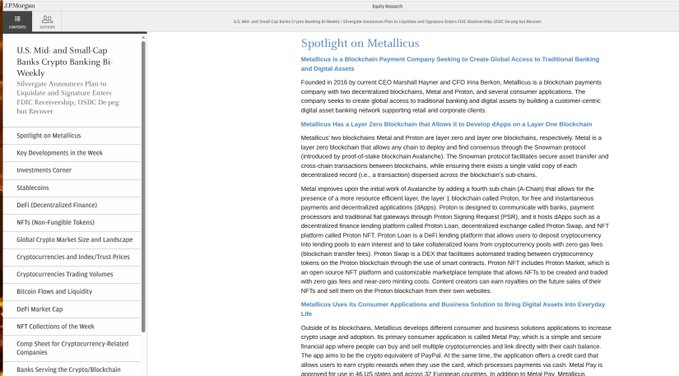 A screenshot of an equity research page from 'Equity Research' titled 'Spotlight on Metallicus', discussing Metallicus as a blockchain payment company and its Metal and Proton digital assets.