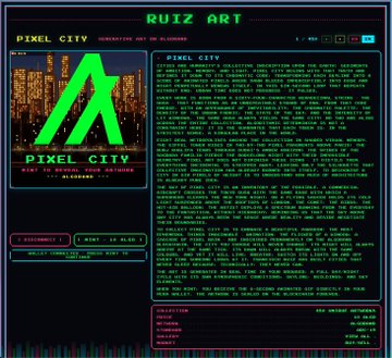 A retro-style digital graphic titled 'RUIZ ART' featuring 'PIXEL CITY' and various menu elements like 'COLLECTION' and 'ABOUT'.
