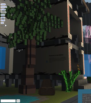 A screenshot from the voxel-based game Lego Worlds showing a palm tree and a small character standing near a modern-style building.