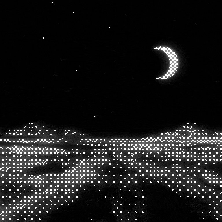 The image shows a black and white night sky with a crescent moon, stars, and mountains in the distance. The photo appears to be taken from below or slightly above the horizon line, giving an impression of looking up at the scene. The caption provided is related to the image's source, which is "1/1 xtz - C:\\ LOGS collection".