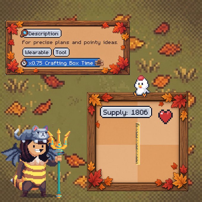 A pixel art video game scene showing a bee-costumed character with a trident, alongside inventory menus displaying a "Wearable Tool" for precise plans with a supply of 1806.