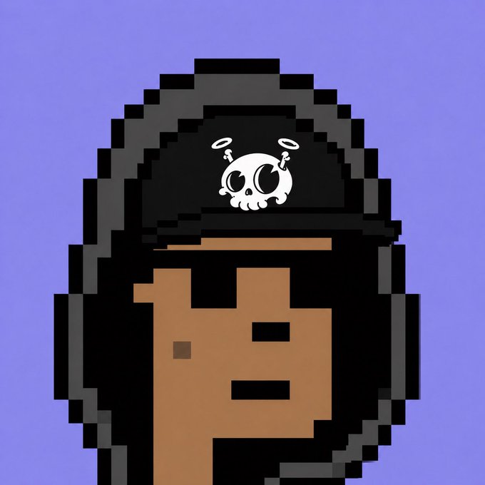 A pixel art illustration of a person with dark hair and a cap featuring a skull with halos, set against a purple background.