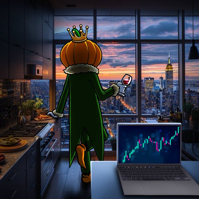 An illustrated character resembling a pumpkin-headed figure wearing a green coat and crown, standing in a modern kitchen overlooking a city skyline at sunset while holding a glass of wine, with a laptop displaying a stock chart in the foreground.