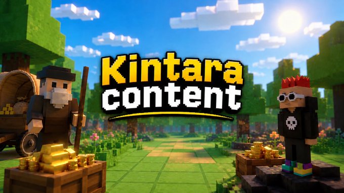 Promotional image for 'Kintara content' featuring two Minecraft-style blocky characters—an old man with gold bars and a younger character with red hair—set in a voxel forest environment.