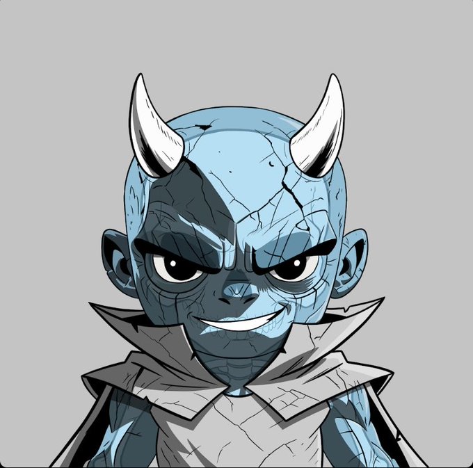 A stylized illustration of a blue-skinned demonic character with white horns, a mischievous smile, and a high white collar against a gray background.