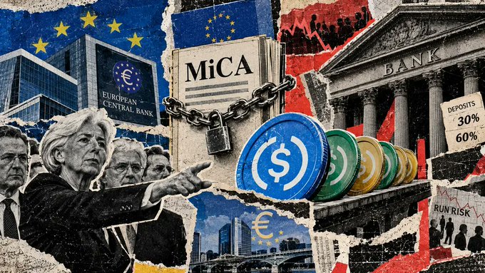 A political/financial collage image depicting MiCA (Markets in Crypto-Assets) EU regulation, featuring Christine Lagarde, the European Central Bank, a chain and padlock on documents, and various crypto coin imagery.