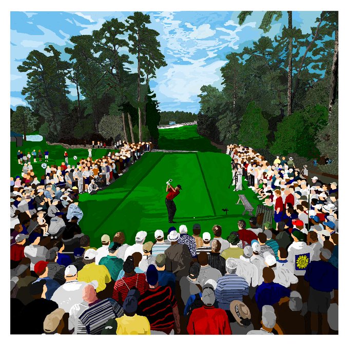 A digital painting depicts a golfer at the Masters Tournament swinging on a green fairway, surrounded by towering pine trees and a large gallery of spectators lining both sides of the hole.