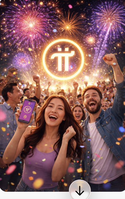 A festive illustration showing a crowd celebrating with fireworks in the background, a Pi cryptocurrency logo glowing in the sky, and people holding up phones displaying the Pi app.