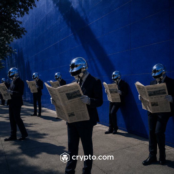 A lineup of businessmen wearing chrome helmets read newspapers with headlines like "MARKETS IN FOCUS" and "AMERICAN" against a striking blue wall, visually symbolizing investors closely monitoring market trends. The Crypto.com logo appears at the bottom, tying the surreal scene to the post's theme of keeping watch on AI-related stock trades.