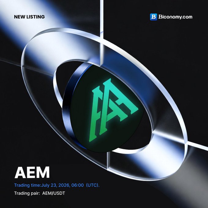 Promotional graphic from Biconomy.com announcing a new listing for $AEM (Athledium), featuring a sleek 3D metallic ring with the AEM logo, displaying the trading pair AEM/USDT and launch time of July 23, 2026 at 06:00 (UTC).