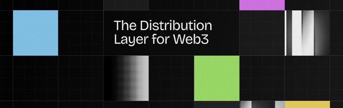 The image features a black background with colorful geometric squares (blue, purple, green, and yellow) and pixelated gradient patterns, overlaid with the text "The Distribution Layer for Web3," which visually represents the post's theme of Nucleus taking a multi-dimensional approach to Web3 reward distribution rather than relying on a single metric.
