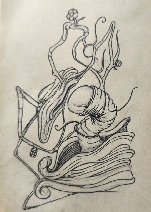 A detailed pencil drawing depicts an abstract, flowing composition with organic shapes, swirls, what appears to be a skull-like form, and berry clusters.
