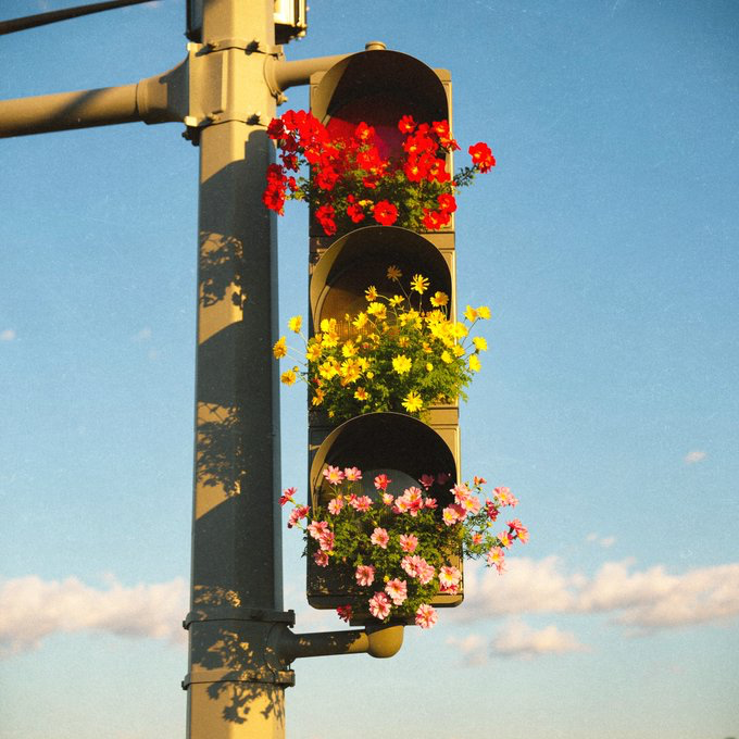 A traffic light that has been creatively converted into a flower planter, with red, yellow, and pink flowers blooming from each of the three light sections against a blue sky.