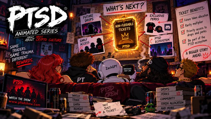 A detailed illustrated promotional poster for the "PTSD Animated Series" about crypto culture, showing characters on a couch watching a screen displaying "NON-FUDDABLE TICKETS" with various features listed like "FUTURE DROPS" and "TICKET BENEFITS".