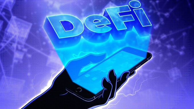 The image features a hand holding up a smartphone with the word "DEFI" written on it. The background of the image is blue with white dots, giving an impression that the phone is floating or hovering above the viewer's head. The text in the image reads "NEW BLOG: DeFi in 2026 is not one big race. Aave, Uniswap, Lido, Pendle, Ethena, Ondo, Jupiter and Hyperliquid are all solving different problems. So we ranked the best DeFi projects by category, user type, chain and risk profile." The image seems to be related to a post discussing the various DeFi projects or initiatives that have been developed in 2026.