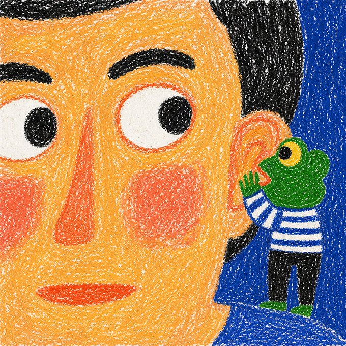 A crayon-style illustration showing a giant human face on the left looking surprised as a small green frog wearing a striped blue and white shirt whispers into the person's ear.
