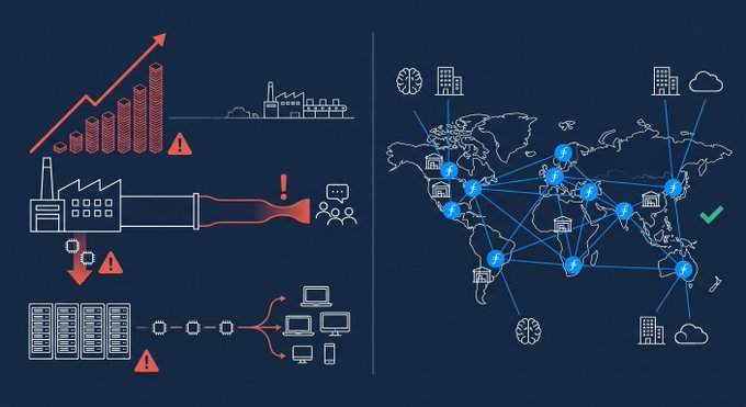 The image is a split-panel illustration: the left side depicts a traditional, constrained model of data infrastructure with red warning signs showing rising costs, factory output limits, and server capacity bottlenecks, while the right side shows a global network map with interconnected blue nodes and a green checkmark representing a distributed, secure solution. The accompanying post contrasts this by highlighting how the ongoing DRAM shortage—projected to drive prices up 58-63% this quarter with supply constraints lasting beyond 2028 according to Micron's CEO and Deutsche Bank—makes centralized infrastructure unreliable, positioning Filecoin's already-deployed distributed capacity as a resilient alternative.