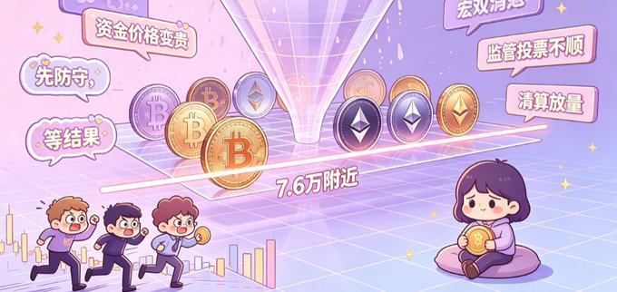 A cartoon illustration depicting cryptocurrency market concerns in Chinese, with text including '资金价格变贵' (funding price rises), '7.6万附近' (near 76,000), and '监管投票不顺' (regulatory vote not going well), featuring Bitcoin and Ethereum coins.