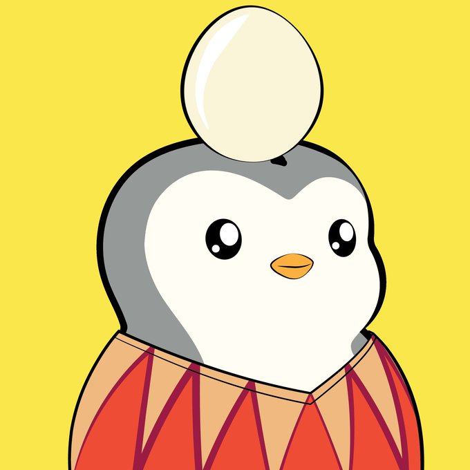 A cartoon illustration of a cute penguin character with a white egg balanced on its head, wearing an orange and red striped outfit against a yellow background.